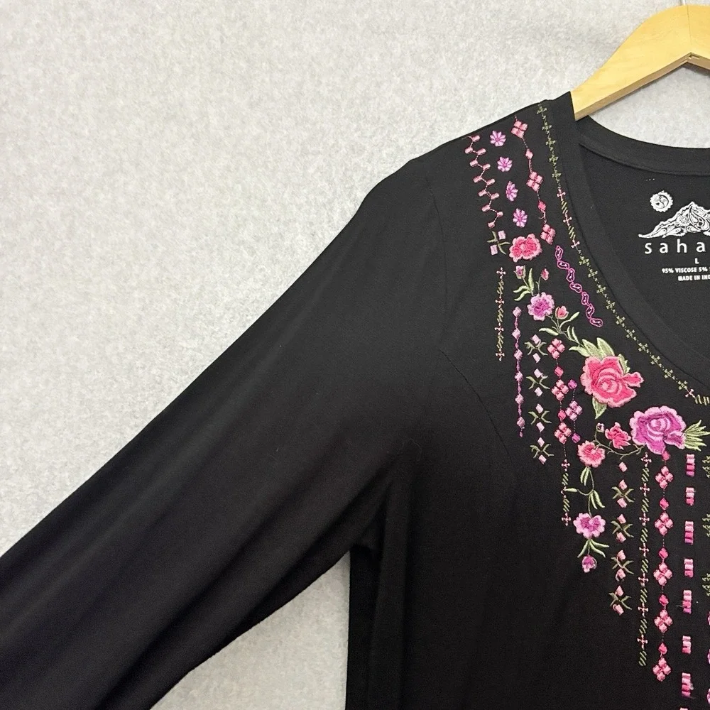 SAHALIE Womens Embroidered Top Size Large Black Bohemian Hippie Gypsy Long Slv - Picture 4 of 6